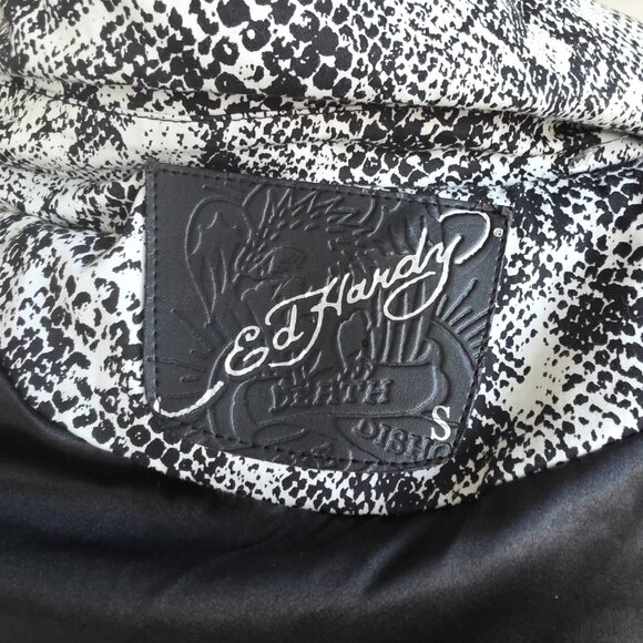 ED HARDY Black White Snake Print Belt Appliqued Rhinestones Trench Coat - Picture 11 of 13